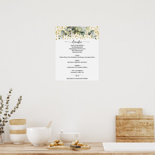 Eukalyptus Gold Wedding Drinks Menü-Zeichen Poster (Küche)