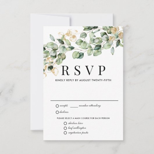 Eukalyptus Gold Wedding RSVP Card, Optionen zum Es (Vorderseite)