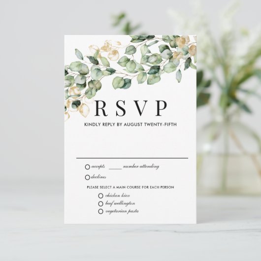 Eukalyptus Gold Wedding RSVP Card, Optionen zum Es (Stehend Vorderseite)
