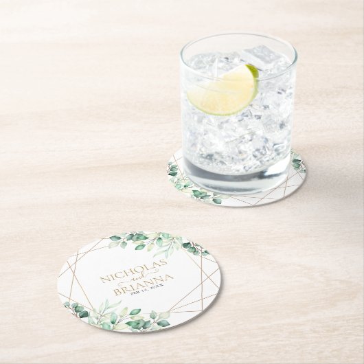 Eukalyptus Gold Wedding Runder Pappuntersetzer (Vor Ort)