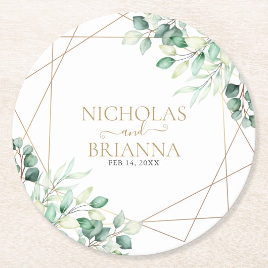 Eukalyptus Gold Wedding Runder Pappuntersetzer (Vorderseite)