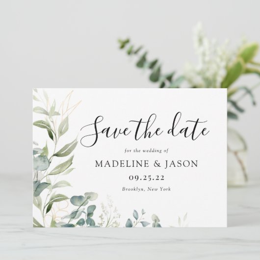 Eukalyptus Gold Wedding Save The Date (Stehend Vorderseite)