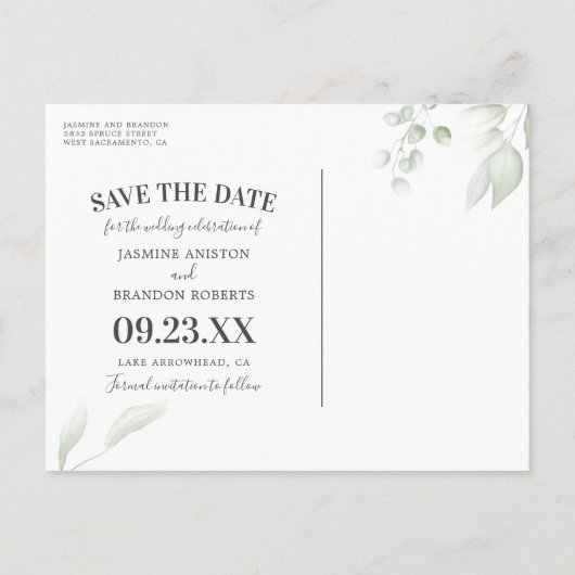 Eukalyptus Gold Wedding Save the Date Ankündigungspostkarte (Rückseite)