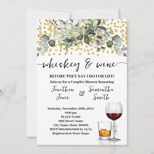 Eukalyptus Gold Whiskey and Wine Couples Dusche Einladung (Vorderseite)