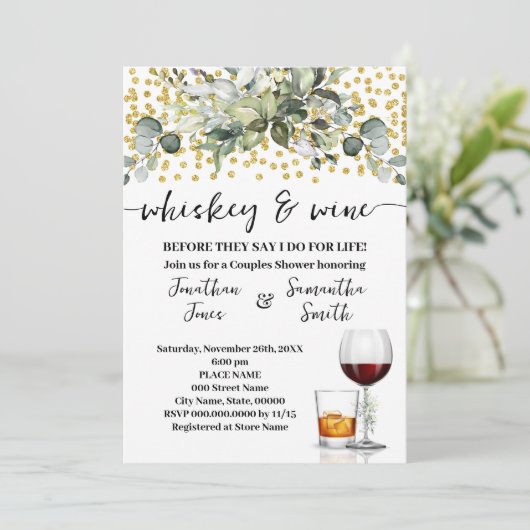 Eukalyptus Gold Whiskey and Wine Couples Dusche Einladung