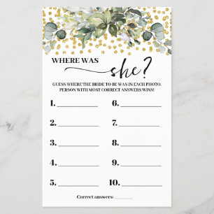 Eukalyptus Gold Wo war Bride Dusche Spielkarte Flyer