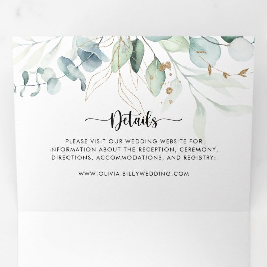 Eukalyptus-Goldblumenhochzeit Dreifach Gefaltete Einladung (Innen Erste Seite)