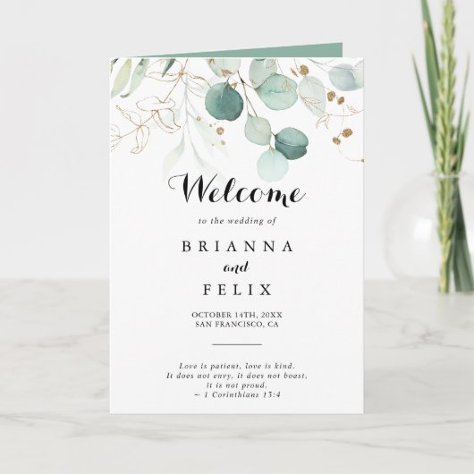 Eukalyptus-Goldblütenhochzeit Programm (Vorderseite)