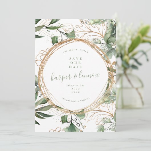 Eukalyptus Golden Boho Moderne Fall Pampes Circles Save The Date (Stehend Vorderseite)