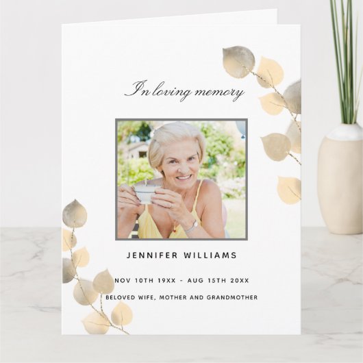 Eukalyptus golden Foto elegantes Beerdigungsprogra Dankeskarte (Vorderseite)