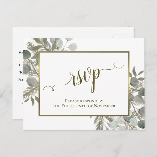 Eukalyptus & Golden Pine Wedding RSVP Postkarte (Vorne/Hinten)