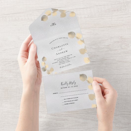 Eukalyptus-goldene botanische Hochzeit All In One Einladung (Abreißen)