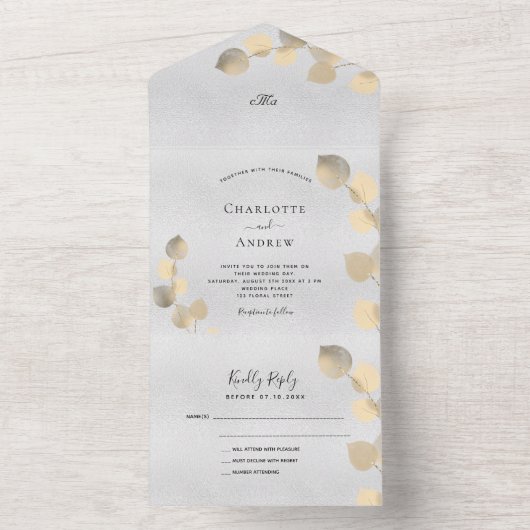 Eukalyptus-goldene botanische Hochzeit All In One Einladung (Innen Boden)