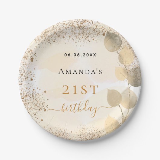 Eukalyptus-goldener Glitzer Monogramm Pappteller (Vorderseite)