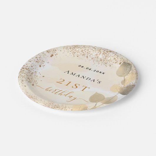 Eukalyptus-goldener Glitzer Monogramm Pappteller (Schrägansicht)