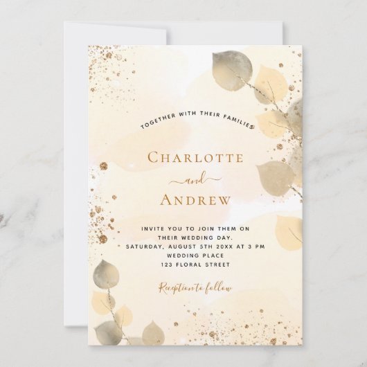 Eukalyptus-goldenes Blattwerk Einladung (Vorderseite)