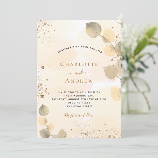 Eukalyptus-goldenes Blattwerk Einladung (Stehend Vorderseite)