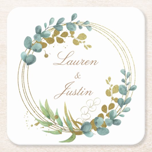 Eukalyptus Goldgrün Monogram Rechteckiger Pappuntersetzer (Vorderseite)