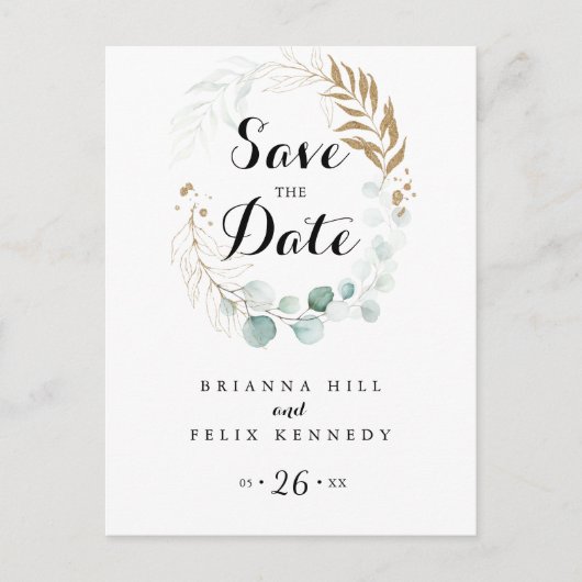 Eukalyptus-Goldkalligrafie Save the Date Postkarte (Vorderseite)