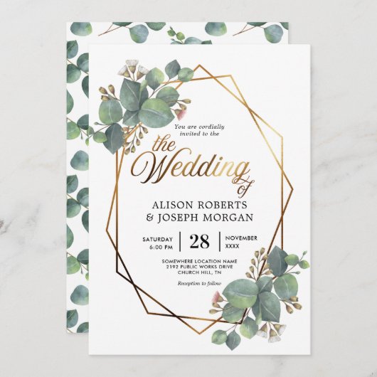 Eukalyptus - Goldrahmen - Einladung (Vorne/Hinten)