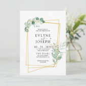 Eukalyptus-Goldrahmen-Hochzeit in Rustikal Einladung (Stehend Vorderseite)