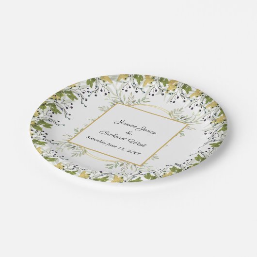 Eukalyptus-Goldrahmen-Hochzeit Pappteller (Schrägansicht)