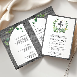 Eukalyptus-Grau-Holz-Kreuz-Katholische Hochzeit Einladung