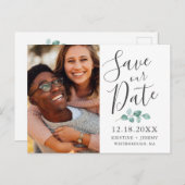 Eukalyptus Gray Script Foto Rette unser Datum Ankündigungspostkarte (Vorne/Hinten)