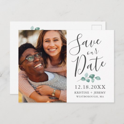 Eukalyptus Gray Script Foto Rette unser Datum Ankündigungspostkarte (Vorne/Hinten)