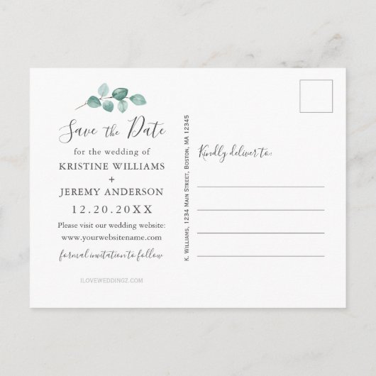 Eukalyptus Gray Script Foto Rette unser Datum Ankündigungspostkarte (Rückseite)