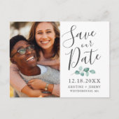 Eukalyptus Gray Script Foto Rette unser Datum Ankündigungspostkarte (Vorderseite)