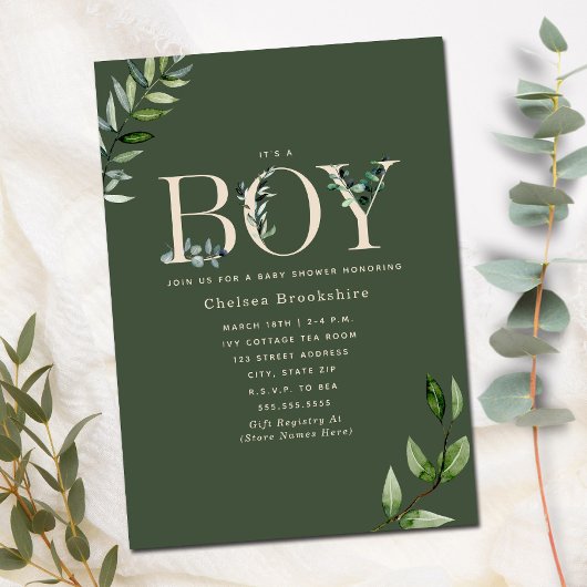 Eukalyptus Green Beige Boy Baby Shower Einladung