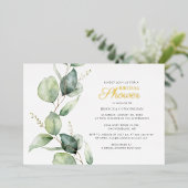 Eukalyptus Green Blätter Script Brautparty Gold Folieneinladung (Stehend vorne)