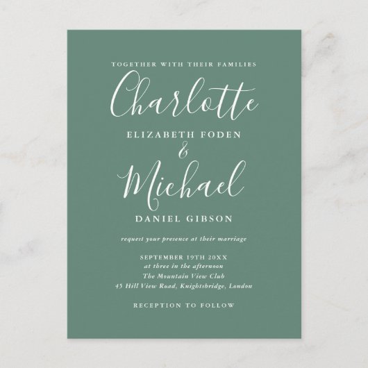 Eukalyptus Green Elegant Moderne Skripthochzeit Einladungspostkarte (Vorderseite)