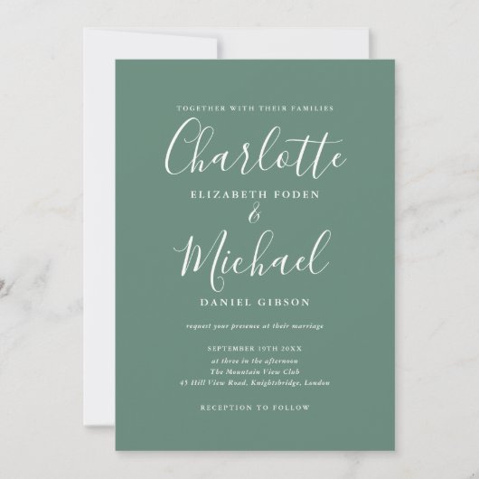 Eukalyptus Green Elegant Signature Script Hochzeit Einladung (Vorderseite)