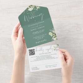 Eukalyptus Green Floral Monogram QR Code Wedding All In One Einladung