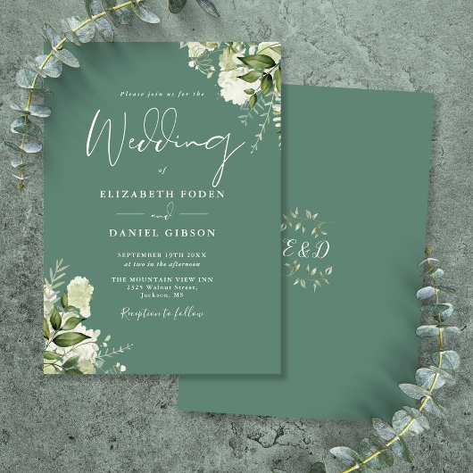 Eukalyptus Green Floral Monogram Wedding Einladung