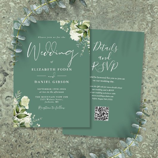 Eukalyptus Green Floral QR Code Hochzeit Einladung