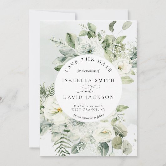 Eukalyptus Green Foliage Green White Floral Save The Date (Vorderseite)