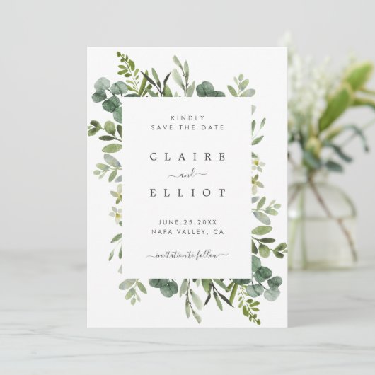 Eukalyptus Green Foliage Wedding Save The Date (Stehend Vorderseite)