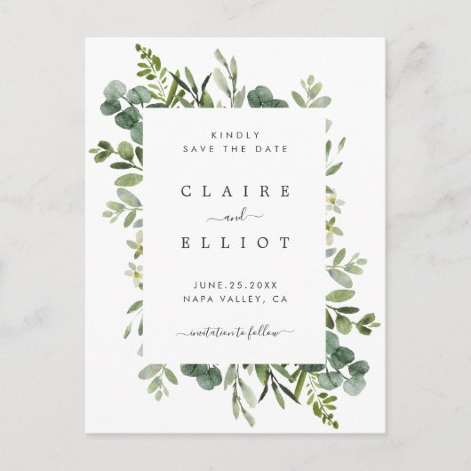 Eukalyptus Green Foliage Wedding Save the Date Ankündigungspostkarte (Vorderseite)