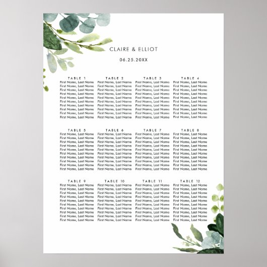 Eukalyptus Green Foliage Wedding Seating Chart Poster (Vorne)