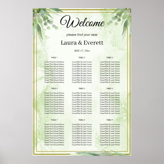 Eukalyptus Green Foliage Wedding Seating Chart Poster (Vorne)
