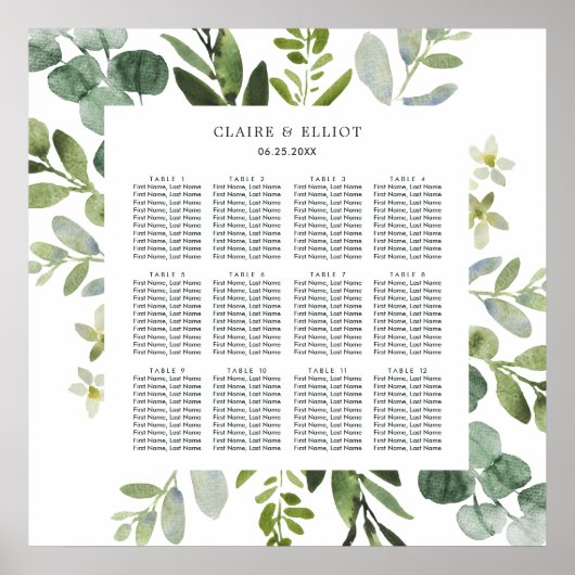 Eukalyptus Green Foliage Wedding Seating Chart Poster (Vorne)