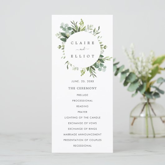 Eukalyptus Green Foliage Wedding Zeremony Program Programm (Stehend Vorderseite)