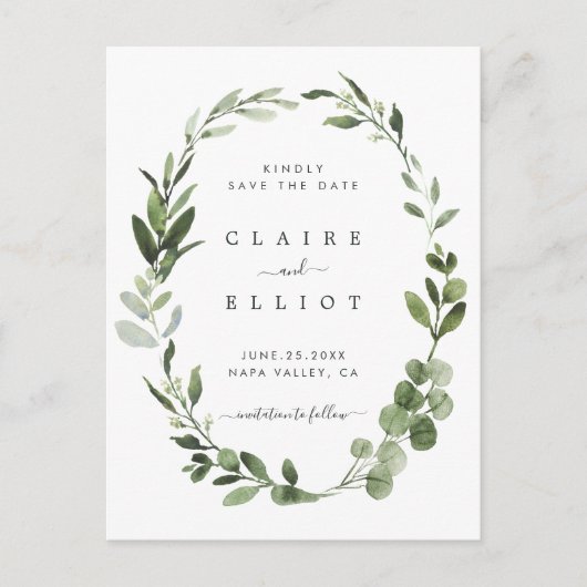 Eukalyptus Green Foliage Wreath Save the Date Ankündigungspostkarte (Vorderseite)