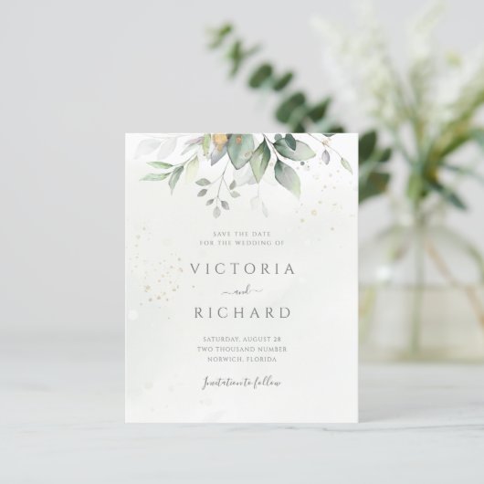 Eukalyptus Green Folies Save the Date (Stehend Vorderseite)