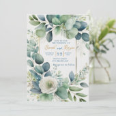 Eukalyptus Green Gold Floral Wedding Einladung (Stehend Vorderseite)
