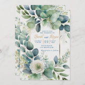 Eukalyptus Green Gold Floral Wedding Einladung (Vorne/Hinten)