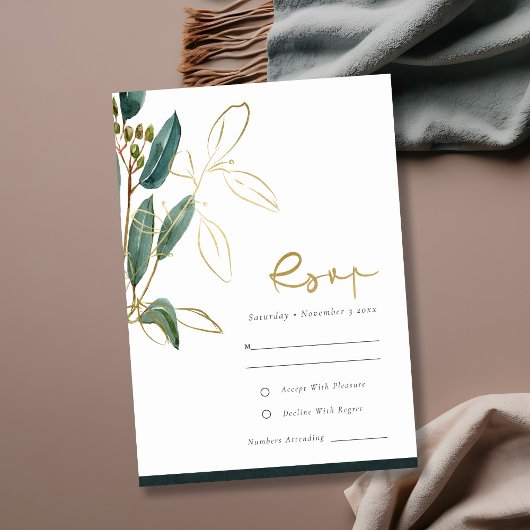 Eukalyptus Green Gold Foil Foliage Wedding RSVP Begleitkarte